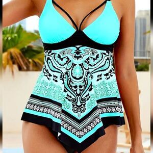Stylish Hot Print Tankini Swimsuit Blue/Aqua And Black Size L NWT